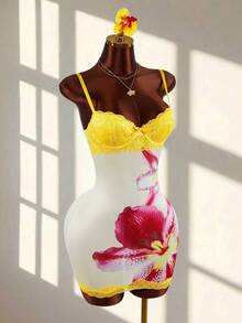 Amplova Lace Cup Detail Tropical Floral Mesh Bodycon Mini Dress - Yellow - View 4