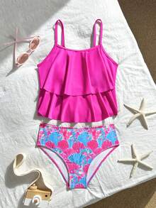 SHEIN 少女贝壳印花荷叶边吊带泳衣套装 - 玫紅色 - 查看 5