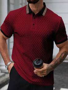 Manfinity Homme 時尚男士酒紅色羅紋針織圖案短袖針織布料標準長度 Polo 衫，適用於正式場合與儀式 - 酒紅色 - 查看 5