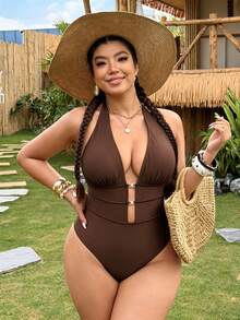 Swim Vcay Áo tắm liền thân cỡ lớn, màu trơn, kiểu cổ yếm khoét rỗng, thuộc dòng sản phẩm nghỉ dưỡng. - màu nâu - Xem 7