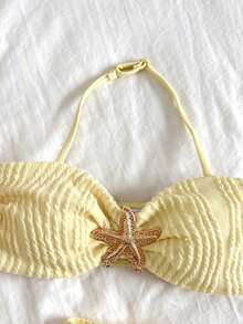 SHEIN 3pcs Tween Girls Solid Yellow Textured Knit Swimwear Set, Starfish Button Adorable Swimwear Set For Beach, Holiday, Vacation - Yellow - View 5