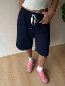 SHEIN Muchic Plus Size Navy Blue Casual Women Drawstring Waist Wide Leg Shorts - Navy Blue - View 4