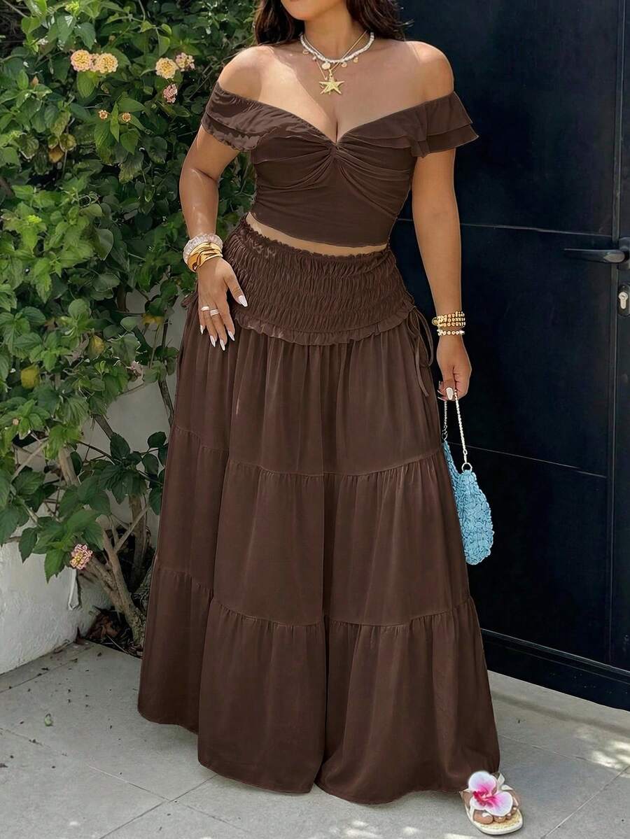GalTyme Brown 2 Pieces Basic Outfit Set, Suitable For Summer Casual, Vacation, Commute, Plus Size - Brown - View 1