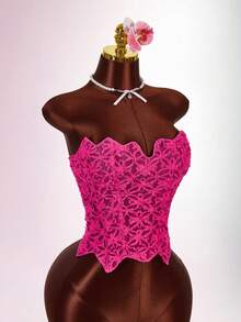 Amplova Floral Backless Criss-Cross Strap Sleeveless Sexy Vacation Lace Casual Camisole For Women Night Out Pink Summer - Pink - View 8