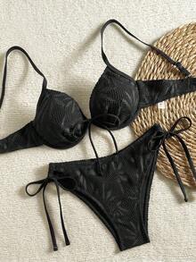 Swim Vcay Conjunto de bikini con tirantes ajustables, corte alto y espalda con cordones, con aros de acero y estampado de cuadros, adecuado para fotografía en la playa, Primavera/Verano 2026 - Negro - Ver 5