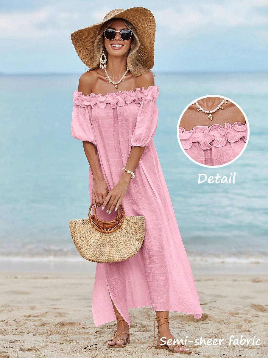 Swim Vcay Vestido de playa midi con volantes y hombros descubiertos para mujer, ropa de playa sexy, vestido de invitada de boda con mangas farol y abertura, vestido fluido - Rosa - Ver 1