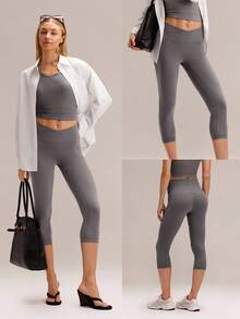 GLOWMODE Quần legging lửng FeatherFit™ 21 inch với cạp chéo hình chữ Y và đường may ở mông, kiểu dáng dễ thương, thích hợp cho yoga, pilates và các hoạt động hàng ngày. - Volcanic Gray - Xem 9