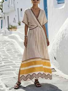 Holidaya Summer New Arrival: V-Neck Chic Dress – Short-Sleeved, Contrast Wide-Narrow Striped, Relaxed Long Silhouette. This French Retro Piece Blends Vacation Charm With Office Elegance, Boasting A Slim-Flattering A-Line Cut Casual Vacation Dress Stripe Midi Dress Wrap Dress Summer Dress - Nhiều màu 3 - Xem 5