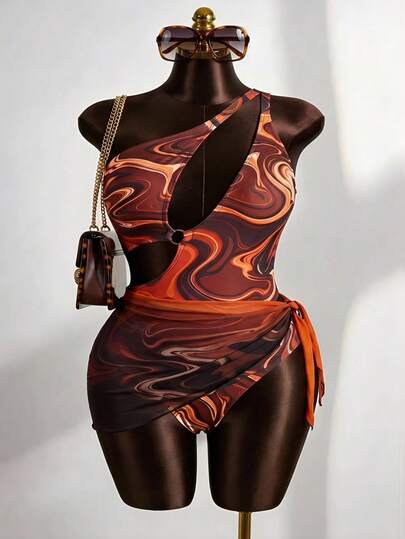 Slaydiva 大码女式夏季沙滩度假印花露背镂空连体泳衣及打结罩衫裙套装