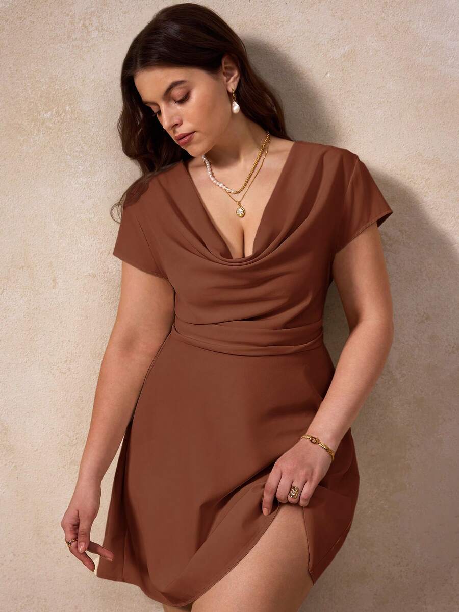 Elegantrix Plus Size Women's Spring/Summer Cap Sleeve Draped Neck Waist Cinched Casual Short Dress - Brown - View 1