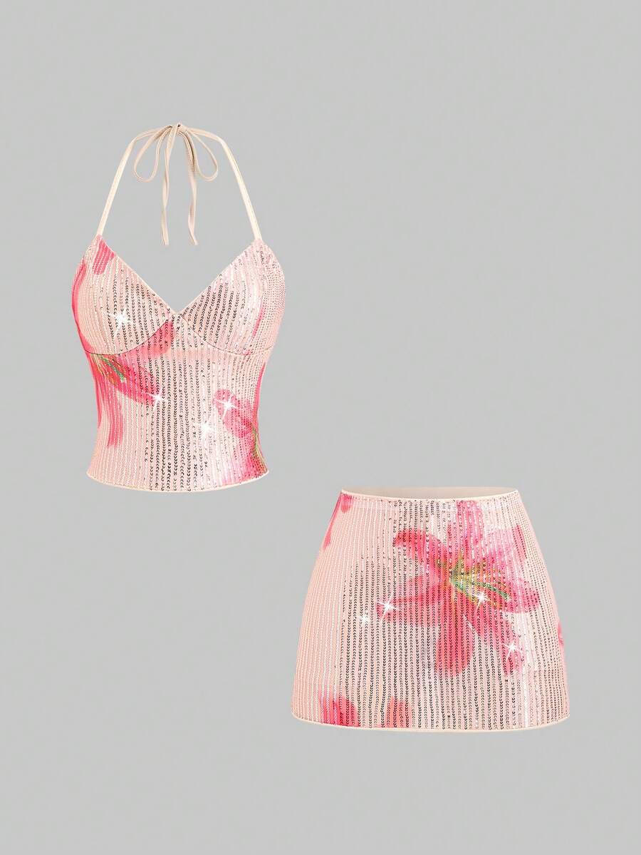 Sweetra French Chic Sequin Spaghetti Strap Camisole And Bodycon Shiny Mini Skirt 2-Piece Set, And Eye-Catching Early Spring New Subculture Sweet Style For Ladies - Pink - View 1