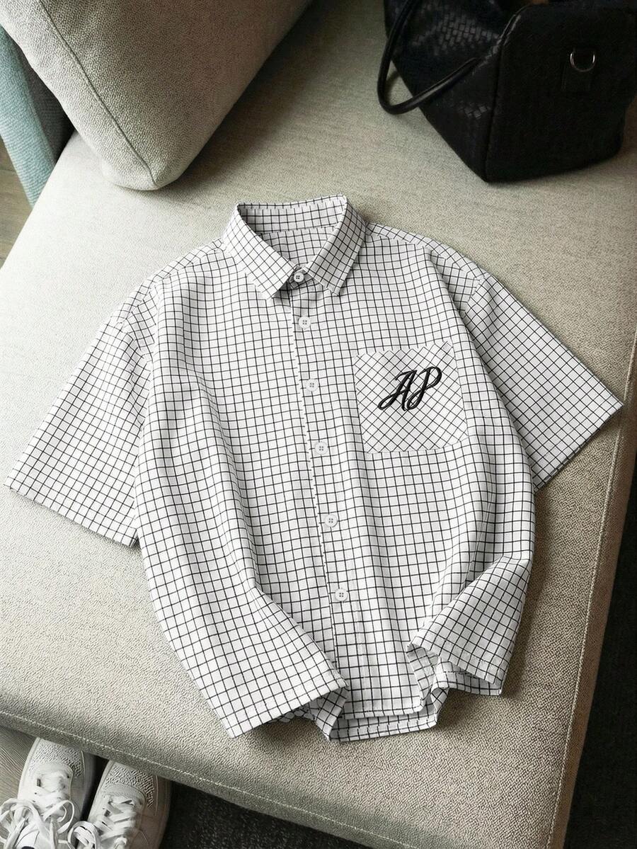 AXEPEAK Men's Casual Versatile Plaid Letter Embroidery Pocket Single-Breasted Short Sleeve Shirt - White - View 1