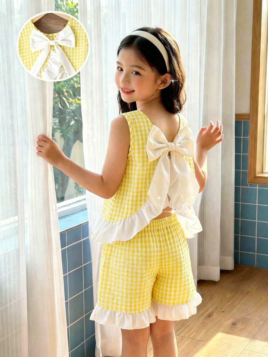 Conjunto de camiseta sin mangas con lazo y estampado de cuadros para niñas preadolescentes - Multicolor - Ver 1