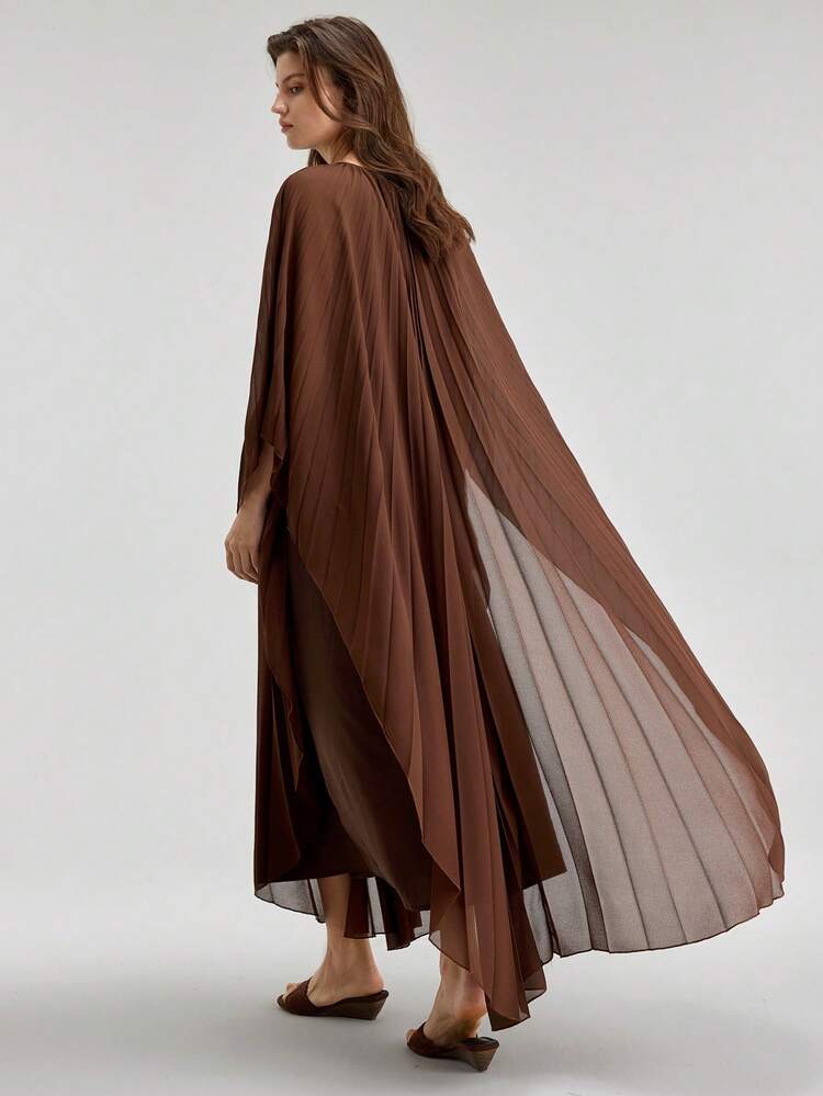 Women's Brown Wrinkle-Resistant Chiffon Fabric Comfortable Flowy Round Neck Batwing 3/4 Sleeve Design With Pleated Skirt, Keyhole Neckline, Bow Tie Decor, Elegant Urban Casual Business Dress, High-Quality Airport Outfit Bohemian Style Vacation Outfits Seaside Women's Clothing All-Season Versatile Modern Urban Fashion Business Casual Women's Wear Office Attire Understated Old-Money Style, Elegant And Sophisticated, High-Quality Commuter And Airport Clothes High-End, Elegant, Old-Fashioned Cruise Attire For Wedding Guests
