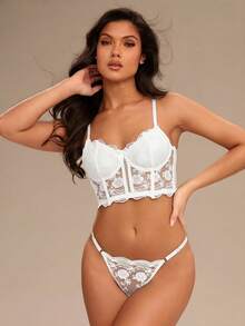 Enchnt 2pcs/Set Pakaian Dalam Wanita Warna Putih Gaya Panjang Romantis, Bra & Celana Dalam - Putih - View 3