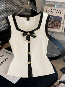 GlowEve Top de camisola elegante y vintage con cuello cuadrado, sin mangas, de tela de punto con contraste de color, con lazo y botón metálico, adecuado para el Día de San Valentín, citas, uso diario, primavera/verano - Multicolor - Ver 1