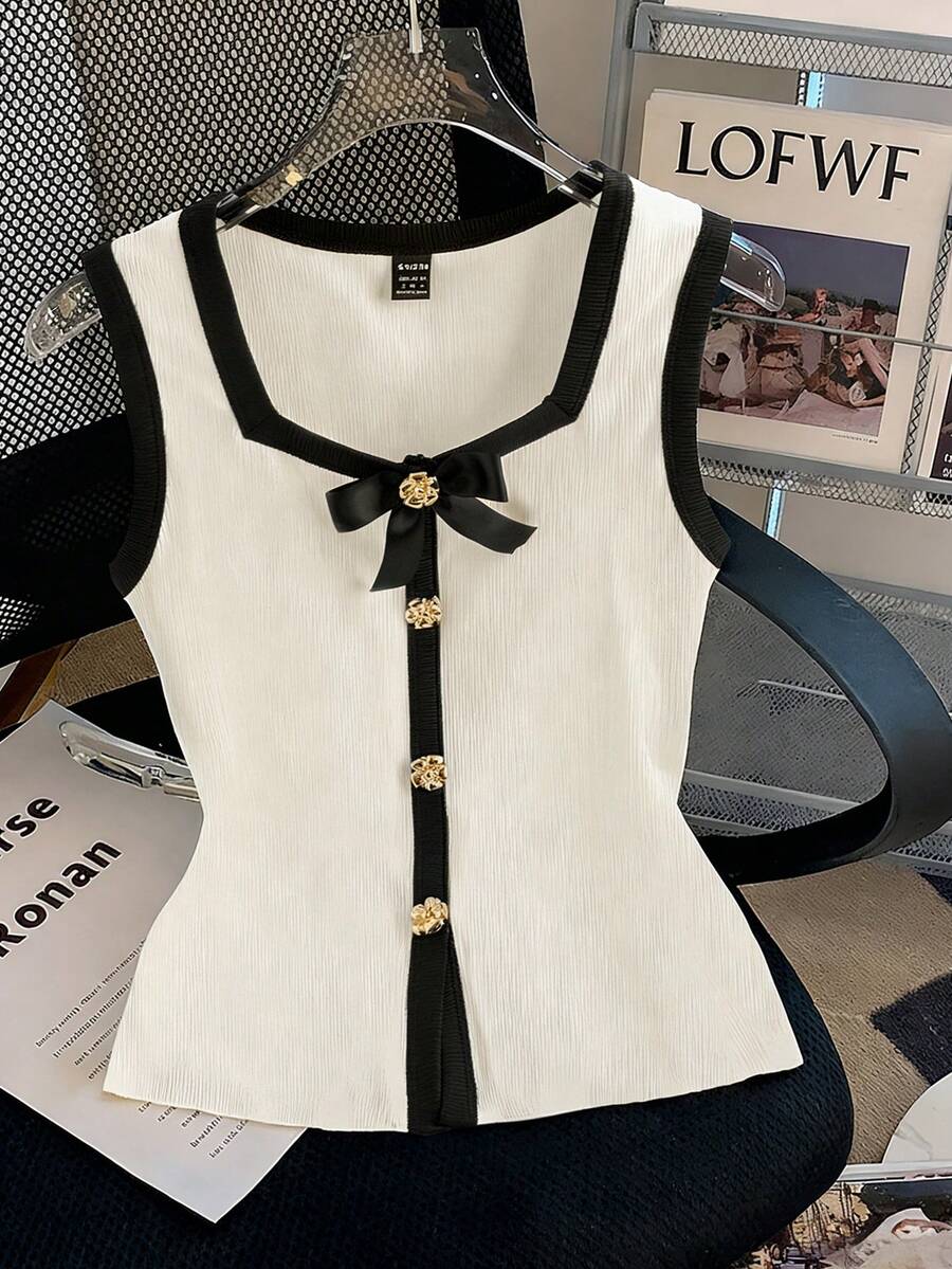 GlowEve Top de camisola elegante y vintage con cuello cuadrado, sin mangas, de tela de punto con contraste de color, con lazo y botón metálico, adecuado para el Día de San Valentín, citas, uso diario, primavera/verano - Multicolor - Ver 1