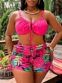 Slaydiva 2026 New Plus Size Summer Hot Pink Tie-Front Bikini Top Tropical Ruched Shorts Set, Beach Holiday Pool Party Vacation Holiday Swimwear Black Floral Tropical - Hot Pink - View 4
