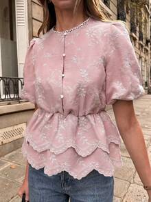 SHEIN PariChic Women's Light Pink Blouse,Summer Elegant Tea Party Short-Sleeve Round Neck Lace Trim,Floral Embroidery,Waist-Cinching Double-Layer Ruffled Hem Top - Baby Pink - View 1
