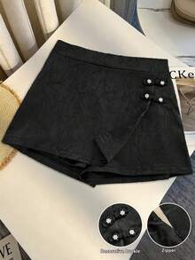 Franclia 女士中国风提花仿珍珠纽扣高腰A字短裙 - 黑色 - 查看 3