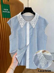 Franclia Plus Size Women Lace Patchwork Front Button Striped Print Casual Elegant Top Vacation Baby Blue Summer - Blue - View 3