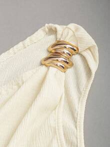 SHEIN Sweetro Đầm công sở thanh lịch, đa năng, kiểu dáng Y2K, gợi cảm, bất đối xứng, chất liệu vải có họa tiết, xếp ly, cài cúc. - Màu be - Xem 5