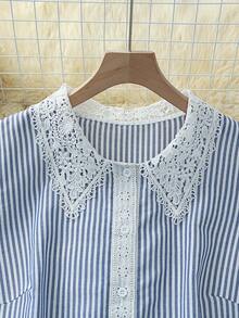 Franclia Plus Size Women Lace Patchwork Front Button Striped Print Casual Elegant Top Vacation Baby Blue Summer - Blue - View 8