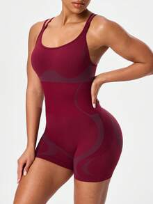 Seamluxe SHEIN Sport Bộ áo liền quần thể thao không đường may, áo liền quần tập thể dục, áo liền quần ôm sát gợi cảm hở lưng, đồ thể thao nữ. - Màu Đỏ Sâu - Xem 4