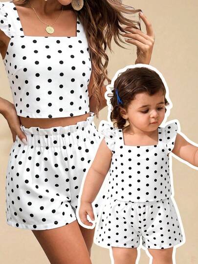 Travachic KIDS Baby Girl Woven Vacation Mommy And Me Matching Ditsy Floral Square Neck Ruffle Trim Casual Vest And Shorts 2-Piece Set, Suitable For Vacation, Outing, Travel And Other Occasions