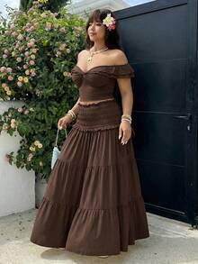 GalTyme Brown 2 Pieces Basic Outfit Set, Suitable For Summer Casual, Vacation, Commute, Plus Size - Brown - View 4