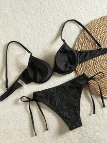 Swim Vcay Conjunto de bikini con tirantes ajustables, corte alto y espalda con cordones, con aros de acero y estampado de cuadros, adecuado para fotografía en la playa, Primavera/Verano 2026 - Negro - Ver 2