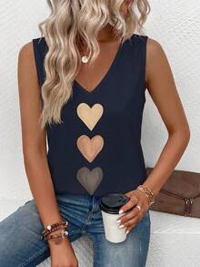 Selamara Nuevo top de tirantes casual y versátil con cuello en V y estampado de corazón degradado para mujer, primavera/verano - Azul Marino - Ver 3