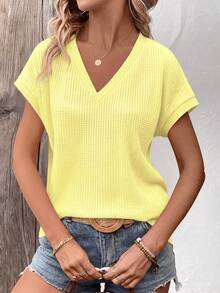 EMERY ROSE Casual Solid Color Short Sleeve T-Shirt, Versatile For Summer - Yellow - View 5