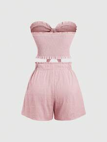 Sweetra 2pcs/Set Summer Casual Solid Color Tie-Front Cropped Top And Shorts Set - Pink - View 2