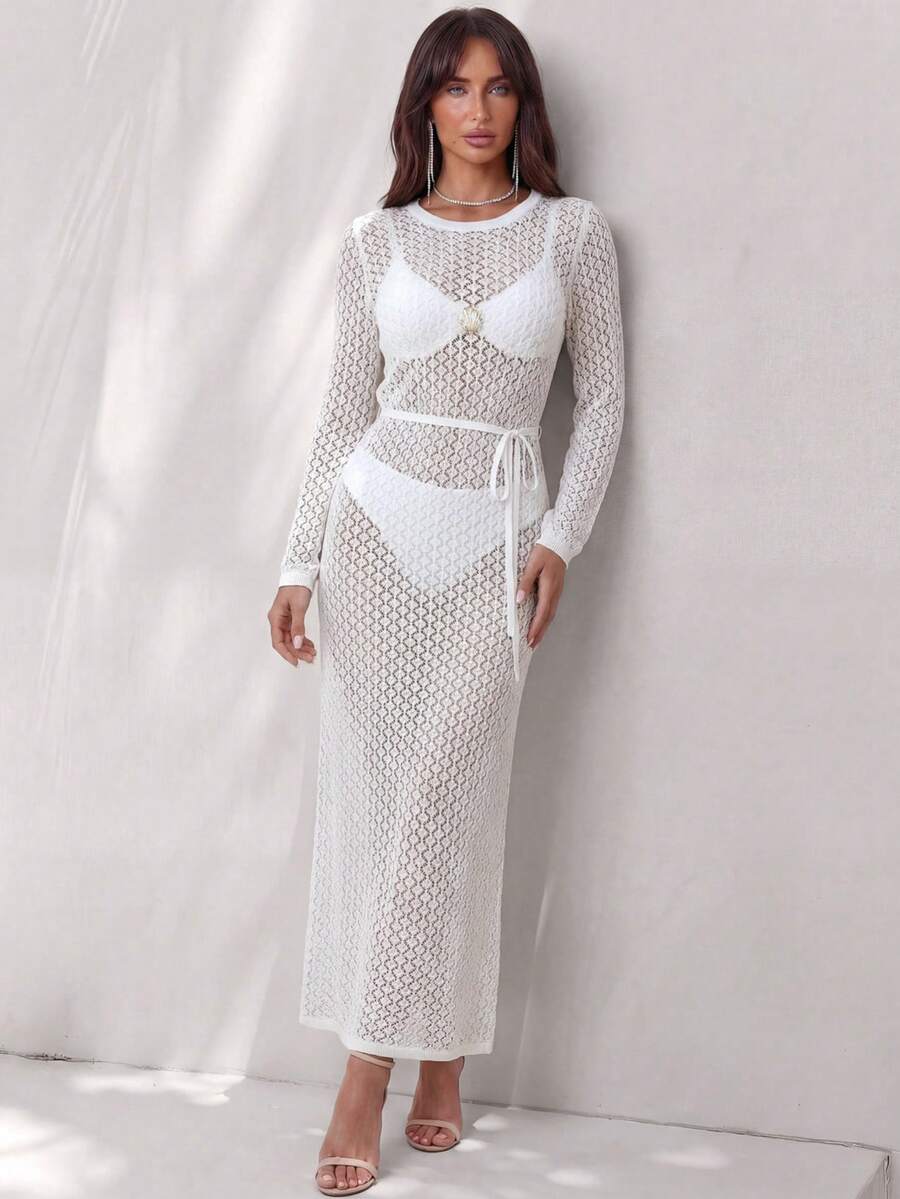 Glamine 性感优雅镂空针织长袖女式长款毛衣连衣裙 - 米色 - 查看 1