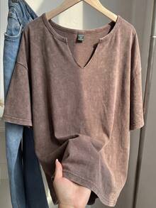 SHEIN EZwear 大码复古巧克力棕色宽松短袖V领T恤，纯棉面料，春夏款 - 巧克力棕 - 查看 1