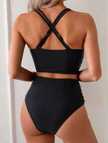 SHEIN Swim Basics Beach Ruched Top & Ruched Bottom Slimming Tankini Set, For Summer Vacation - Black - View 2