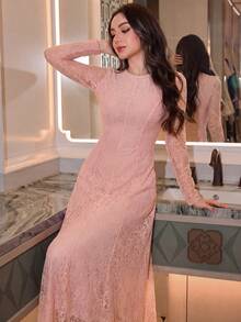 Modelyn 杏色女士蕾丝设计优雅喇叭连衣裙，适合外出、约会、派对等场合，中长款 - 粉色 - 查看 5