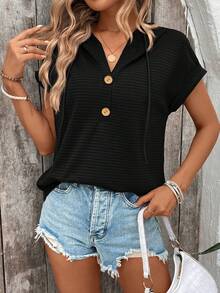 EMERY ROSE Women Summer Solid Color Button Decorated Batwing Sleeved Casual Bubble Checkered Hooded T-Shirt - Black - View 4