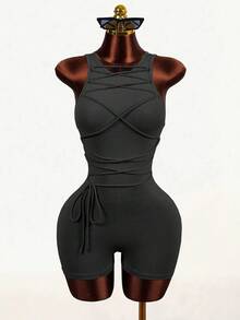 Mistrie Bộ jumpsuit mùa hè mới, kiểu dáng thường ngày, buộc dây, không tay, ôm sát, thích hợp cho yoga, chạy bộ, jumpsuit bó sát dành cho nữ. - màu đen - Xem 4