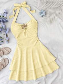 Tween Girls Dresses,Pale Yellow Summer Cute Beach Holiday Elegant Textured Halter Neck Tie Front Ruched Metallic Decor Tiered Ruffle Hem Mini Dress - Yellow - View 1