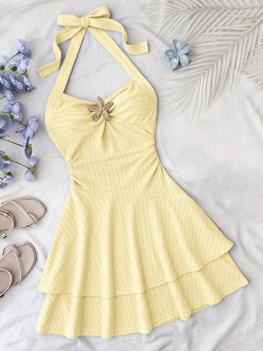 Tween Girls Dresses,Pale Yellow Summer Cute Beach Holiday Elegant Textured Halter Neck Tie Front Ruched Metallic Decor Tiered Ruffle Hem Mini Dress - Yellow - View 1