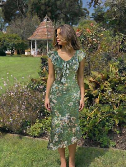 SHEIN MOD 女士印花拼接荷叶边修身中长连衣裙