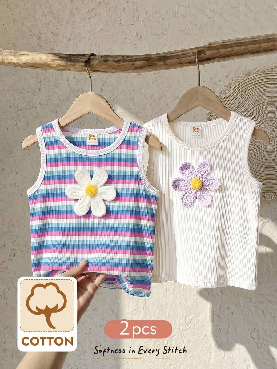 Cozy Pixies Ensemble 2 pièces pour jeune fille, débardeur à col rond en tricot doux avec imprimé floral sans manches - Multicolore - Voir 1