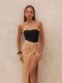 Swim Oasis Spring/Summer New One-Piece Swimsuit, Black With Gold 3D Floral Decor Monokini And Gold Shiny Nylon Fabric Side Tie Maxi Skirt 2-Piece High-End Set, OASIS, Suitable For Beach, Swimming Pool, Resort, Party - Multicolor - View 6