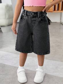 SHEIN 年轻女孩夏季休闲时尚街头风日常通勤蝴蝶结刺绣宽松百慕大牛仔短裤 - 黑色 - 查看 4