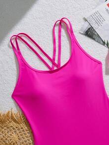 Swim Basics Summer Beach Plain One Piece Swimsuit - Hot Pink - View 6