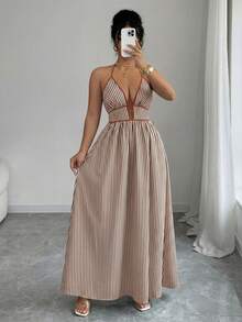 Elenzga Plus Size Women Striped Tie-Up Long Jumpsuit - Multicolor - View 4