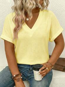 EMERY ROSE New Arrival Plus Size Women's Fashion Casual Versatile Bestselling Neon Color V-Neck Short Sleeve T-Shirt - Yellow - View 5