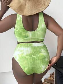Slaydiva Plus Size Women 2pcs Set Tie-Dye Printed Bikini Swimsuit, Fashionable Casual Holiday - Green - View 2